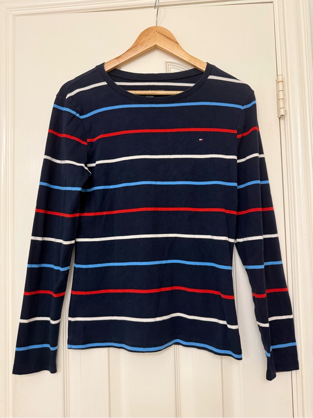 Tommy Hilfiger Navy Crewneck Sweater with Red, White & Light Blue Stripes
